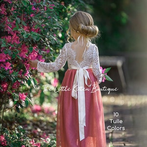 Long-sleeve lace bodice flower girl dress with sheer tulle skirt, maroon and white