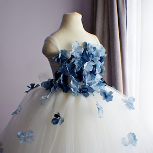 Ivory flower girl tutu dress with blue floral appliques and layered tulle skirt
