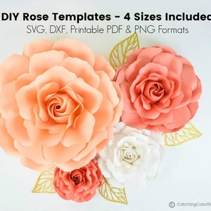 Set of 4 paper rose templates, showing coral and white large and small flower shapes