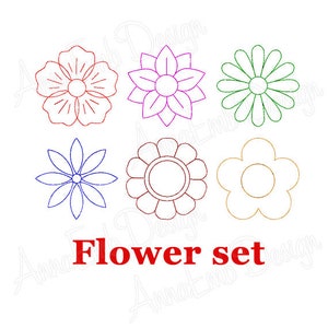Flower embroidery design set with six outline flowers in red, purple, green, blue, pink, and gold