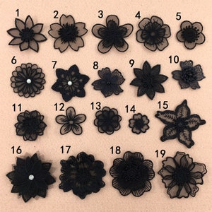 Set of black 3D lace flower appliques, multiple designs with raised petals