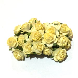 Pale lemon open paper rose bouquet with layered petals, mulberry paper craft