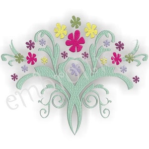 Spring floral embroidery motif with colorful flowers, swirls, and green leaves