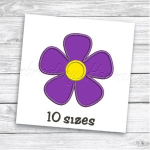 Purple flower applique embroidery design with yellow center and 10 sizes text