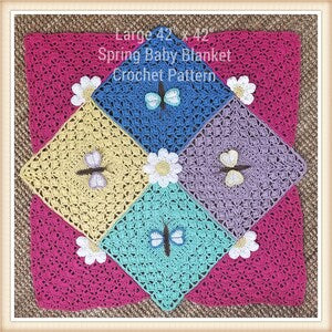 Baby blanket crochet pattern featuring five pastel hexagon squares with dragonfly motifs