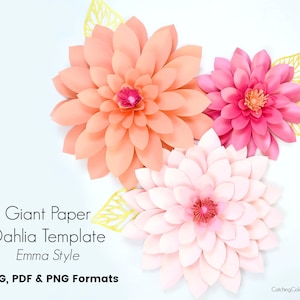 Giant paper dahlia wall flower template set with layered peach, pink, and white blooms