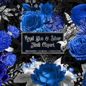 Royal blue rose and silver floral clipart card with glitter leaves and pearls