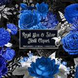 Royal Blue and Silver Floral Clipart shabby wedding rustic navy blue and silver glitter flowers vintage antique clip art embellishments