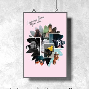 Framed custom photo collage with flower-like cutout photos on a pink background
