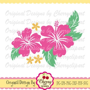 Hibiscus flower SVG cut file with pink blooms and green leaves, floral clip art