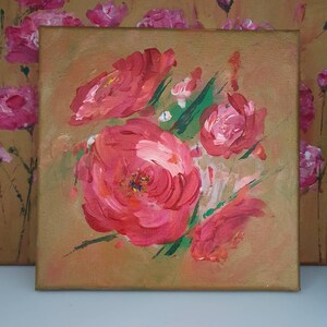 Hand-painted square canvas artwork with pink roses, 20x20 cm