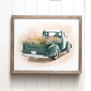 Framed vintage green truck print with colorful flowers and watercolor style