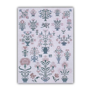 Floral cross-stitch chart with mixed vases and decorative motifs in pastel colors