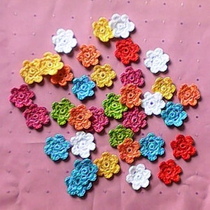 Small crochet flower appliques, assorted colors white, red, orange, yellow, blue, pink