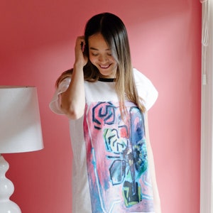 Maternity hospital gown with colorful front graphic and short sleeves