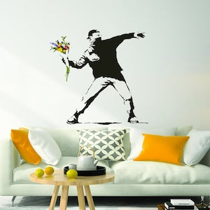 Wall vinyl sticker: black graffiti thrower with flower bouquet