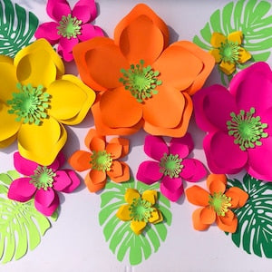 Assorted tropical paper flower set with large blossoms and green leaf accents