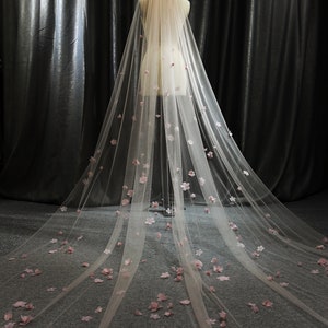 One-tier cathedral veil in sheer dusty pink with small 3D floral appliques