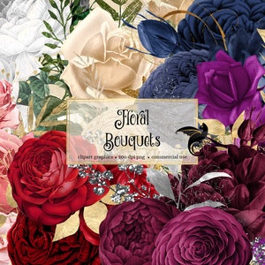 Floral rose bouquets clip art collage with red, purple, blue watercolor flowers