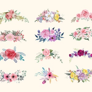 Watercolor floral ornament set with pink roses, blue and purple flowers, assorted bouquets