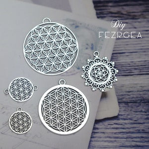 Antique silver flower-of-life round charm pendants, large and small set