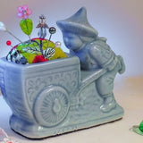 Pincushion. Flower Delivery, Vintage Blue Wagon Japan,  Glazed Porcelain Figurine  4