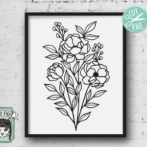 Floral bouquet SVG cut file with black line art roses and leaves