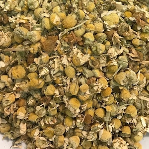 Dried organic chamomile flowers, yellow blooms with green stems