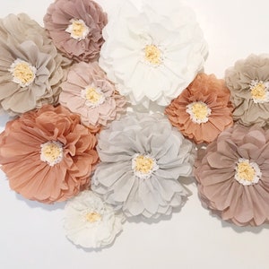 Set of 10 pastel paper flowers with cream, blush, gray, and tan blooms