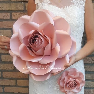Large pale pink paper rose flower with small matching bloom, wedding decor