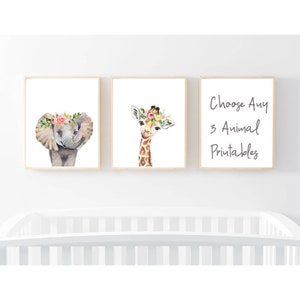 Set of 3 framed animal nursery prints with elephant and giraffe; includes small text card.