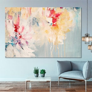 Abstract floral canvas print wall art with pastel pink, cream, blue and red strokes