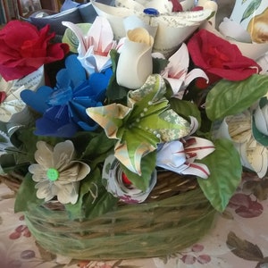 Origami flower event basket with mixed-color paper blossoms