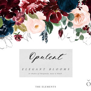 Watercolor floral clipart on white card with burgundy, navy, blush flowers; "Elegant Blooms".