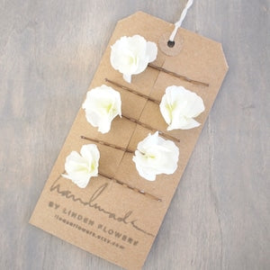 Set of 5 ivory hydrangea bud hair flowers with pins on card
