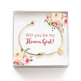 Will you be my Flower Girl Gift, Personalized Flower Girl Proposal Gift, Tie the Knot Initial Bracelet, Wedding Party Gift Box, Gold Bangle