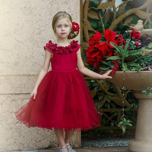 Red tulle flower girl dress with ruffled neckline