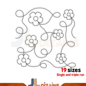 Flower quilt block machine embroidery design outline with looping stems and 6 blossoms