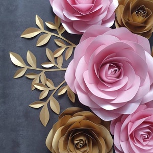 Flower and leaf design template with gold leaves and pink roses