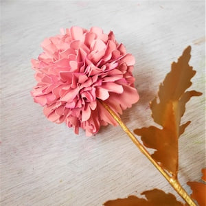 Pink paper pom pom dahlia flower with leaf stems, craft template bouquet piece