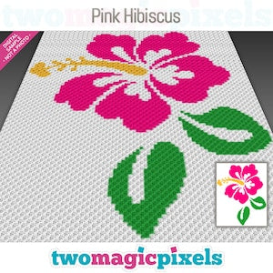 Pink hibiscus cross-stitch pattern chart on white grid with green leaves