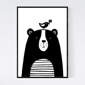 Nursery wall art print of a black bear with a bird perched on its head