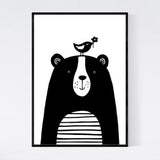 Happy Bear and Bird Print - 350gsm Art Quality Paper - Fast Delivery - Cute Print for Nursery, Bedroom, Game Room, or Play Room