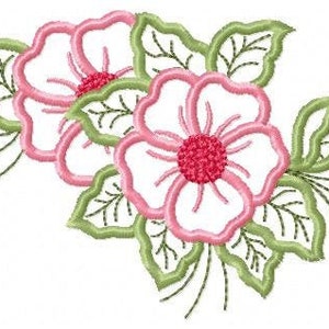 Floral embroidery applique design with pink flowers and green leaves on white