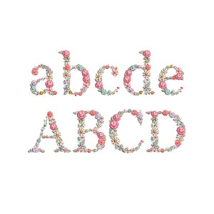 Floral alphabet machine embroidery letters set with multicolor flower details