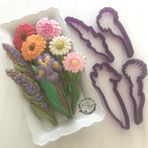 Mixed floral cookie cutter set with four purple cutters