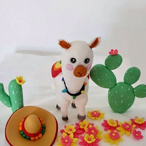 3D fondant llama cake topper with sombrero, cactus and flowers