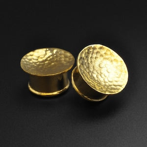 Hammered concave brass ear stretcher plug with flared face, pair