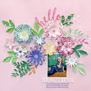 Layered flowers and leaves cut file design with pastel blooms and leaf sprigs