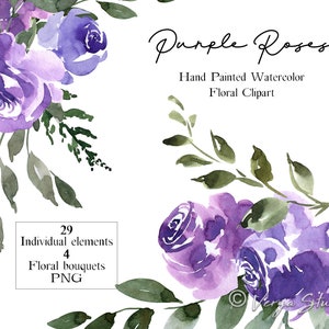 Watercolor floral clipart set with purple roses, leaves, and eucalyptus accents